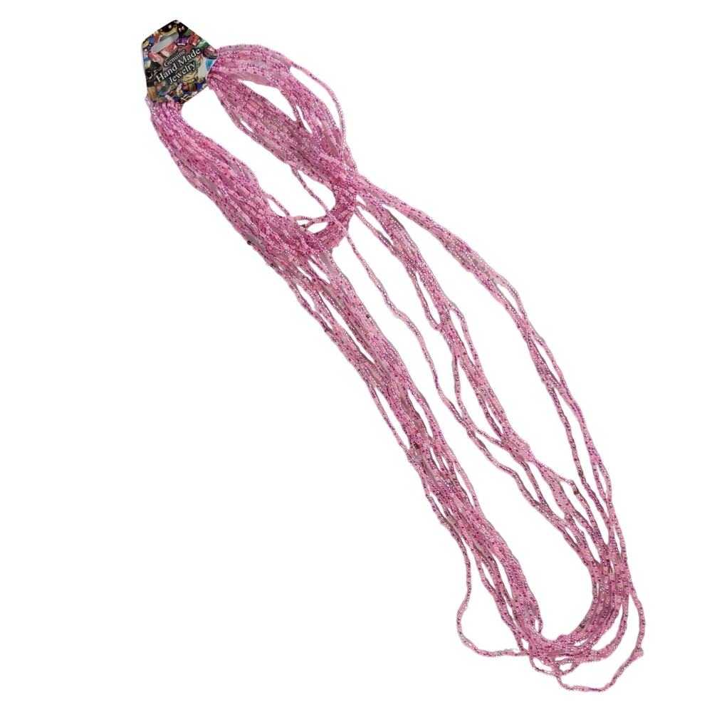 48" Long Pink Seed Bead Necklace Boho Multistrand India Handmade Jewelry NEW - Picture 6 of 9